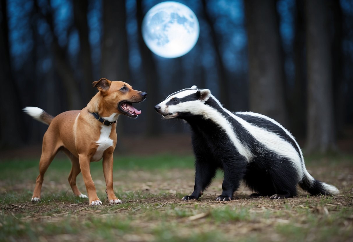 A badger confronts a barking dog in a moonlit forest clearing