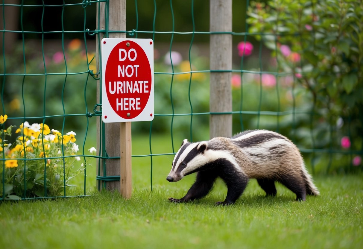 A garden with a fence and a sign indicating "Do not urinate here." A badger cautiously approaching the area and then quickly retreating