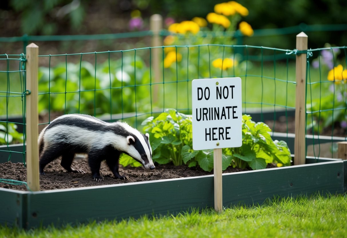 A garden with a raised bed, a fence, and a sign indicating "Do not urinate here." A badger is sniffing around the perimeter