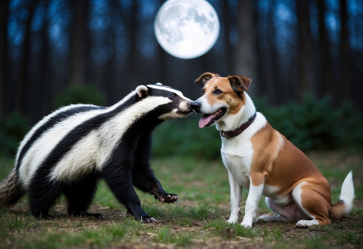 A badger faces off with a domestic dog in a moonlit forest clearing