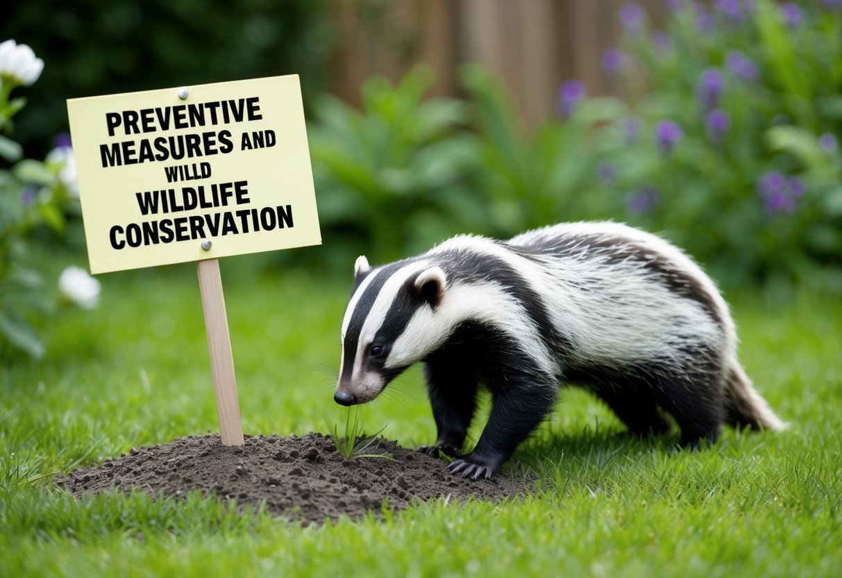 A garden with a sign reading "Preventive Measures and Wildlife Conservation" and a badger cautiously sniffing at a patch of grass sprayed with human urine