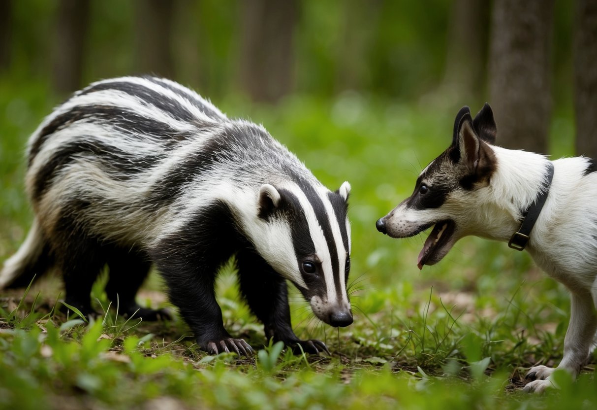 A badger prowls through the forest, sniffing for insects and small mammals. It ignores a barking dog, focusing on its natural prey