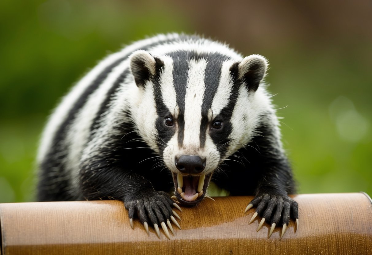 A badger bites into an object, its sharp teeth sinking into the surface with force