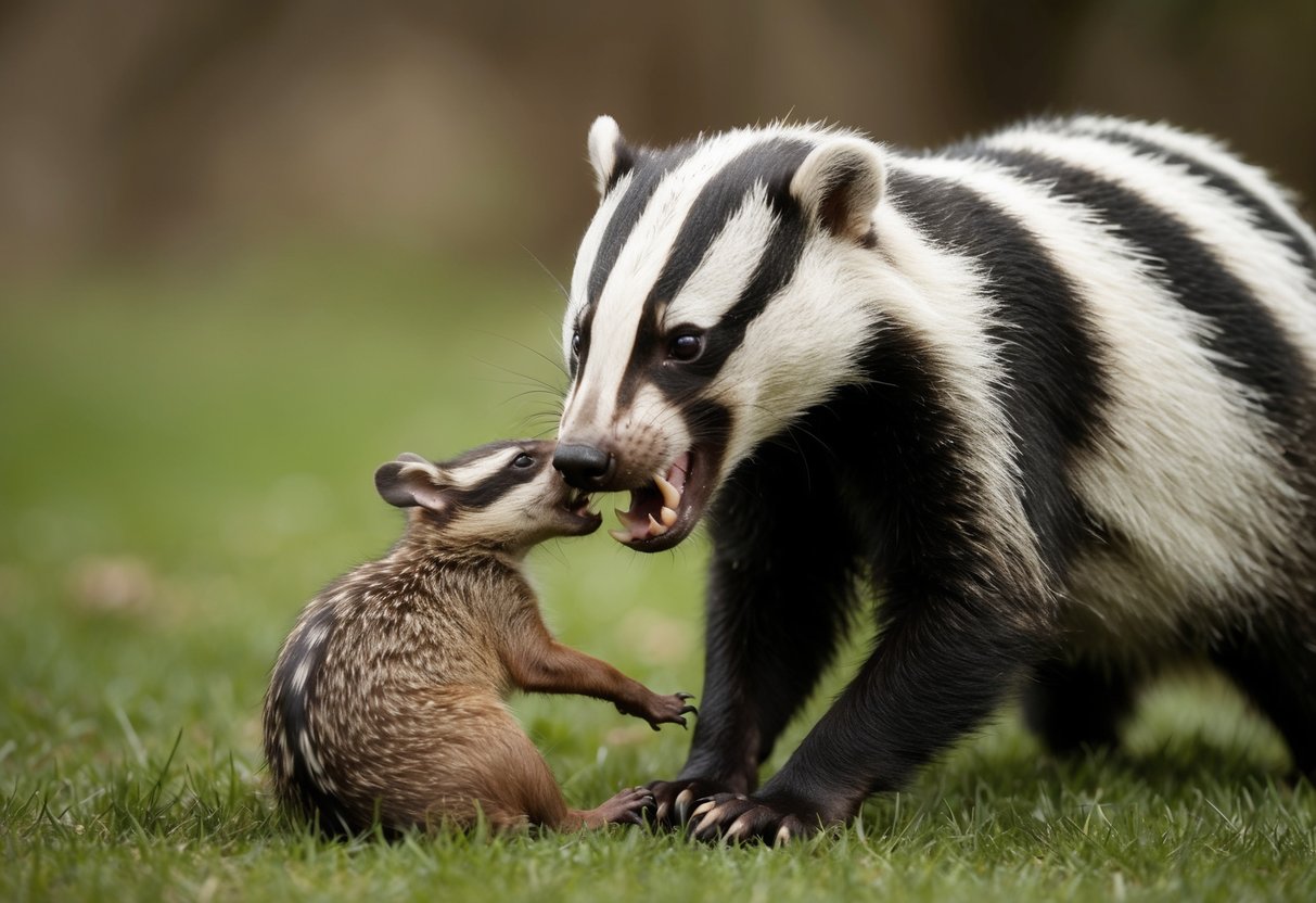 A badger bites into a small animal, its sharp teeth sinking into the prey's flesh as it thrashes in the badger's grasp
