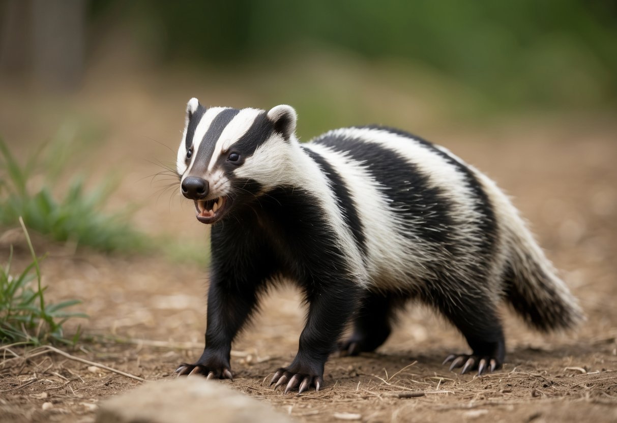 A badger stands on its hind legs, baring its sharp teeth and claws, ready to defend its territory