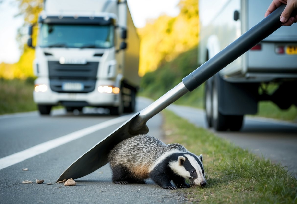 A shovel scoops up a dead badger from the roadside, as a truck passes by in the background