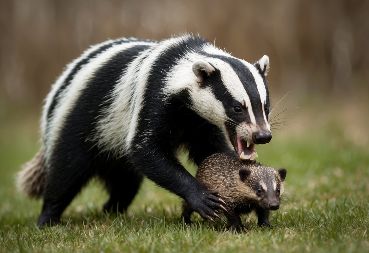 A badger bites into a small animal, its sharp teeth sinking into the fur and flesh with a swift and powerful motion