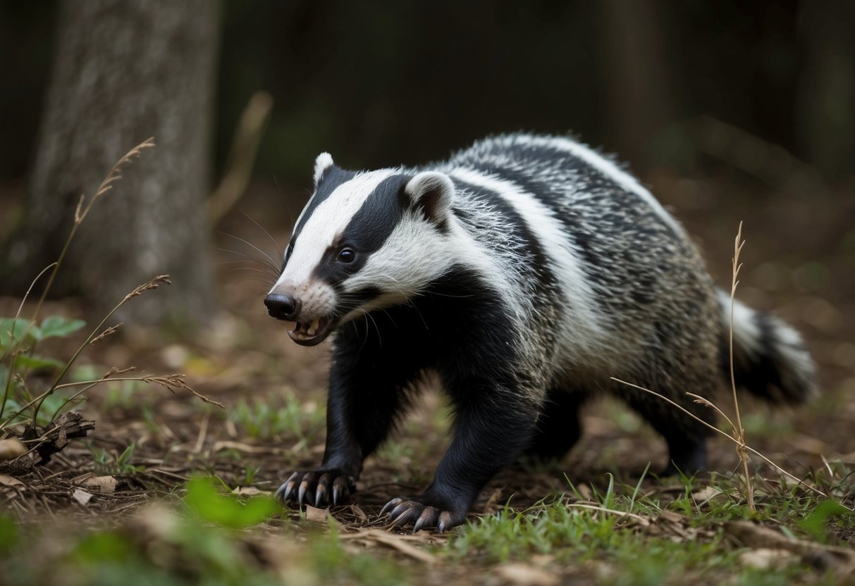 A badger prowls through a dark woodland, its sharp claws and teeth visible as it hunts for prey