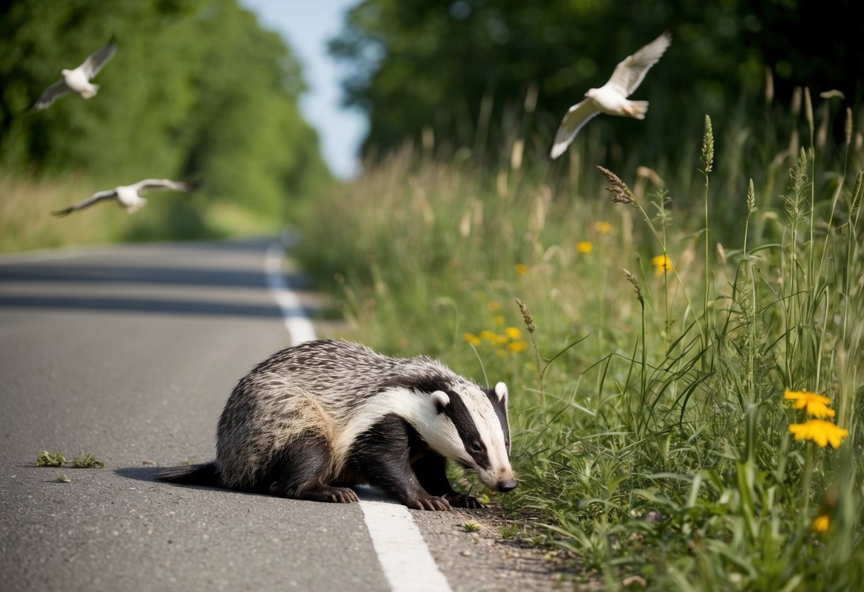 A dead badger lies on the side of a road, surrounded by tall grass and wildflowers. A few birds circle overhead, while nearby trees cast dappled shadows on the scene