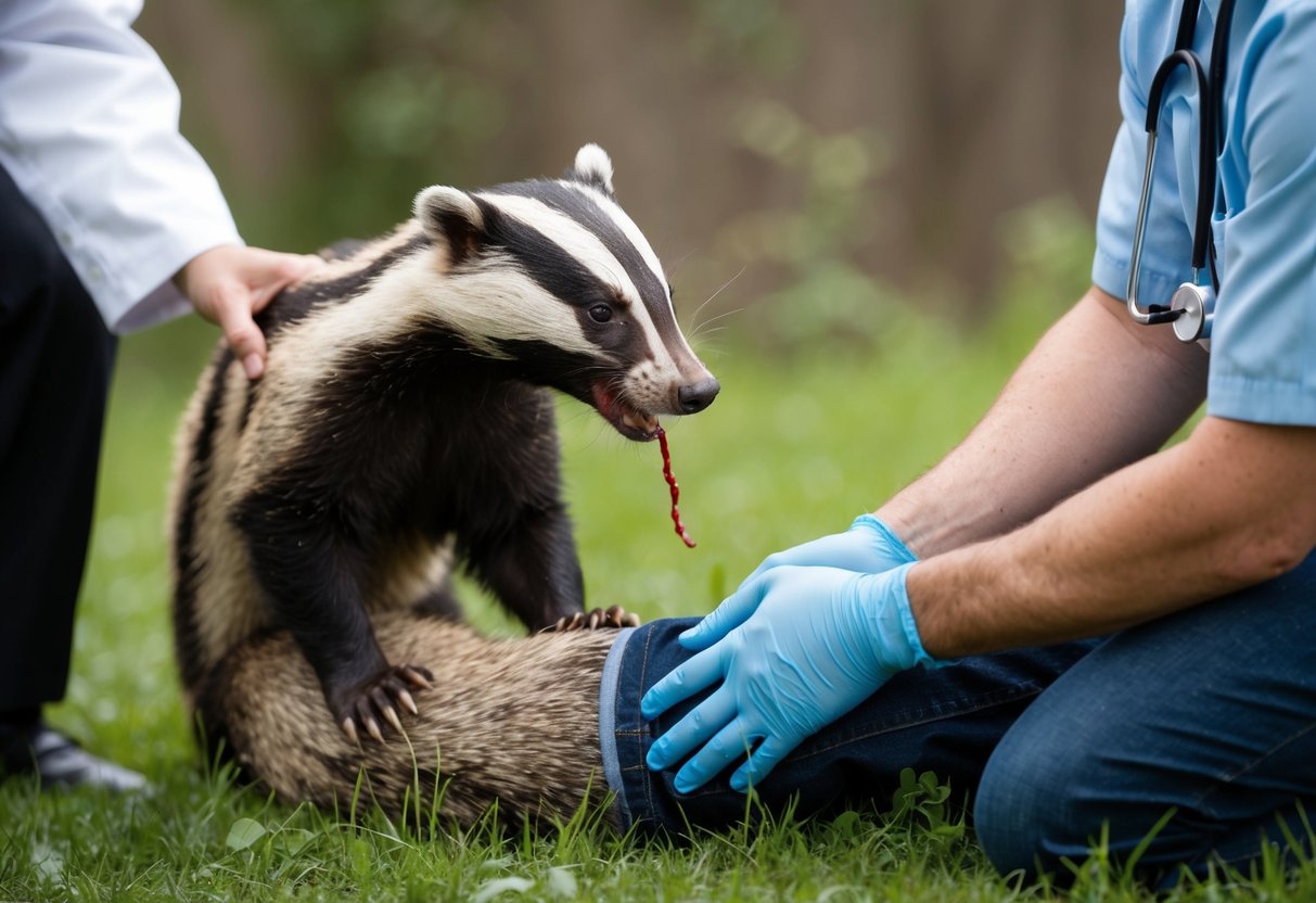 A badger bites a person's leg, causing bleeding and pain. The injured person seeks medical treatment from a doctor
