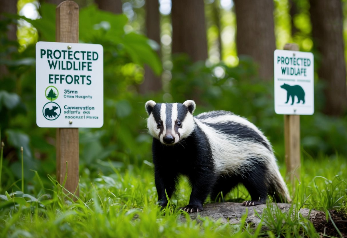 A badger stands in a lush forest, surrounded by protected wildlife signs and conservation efforts