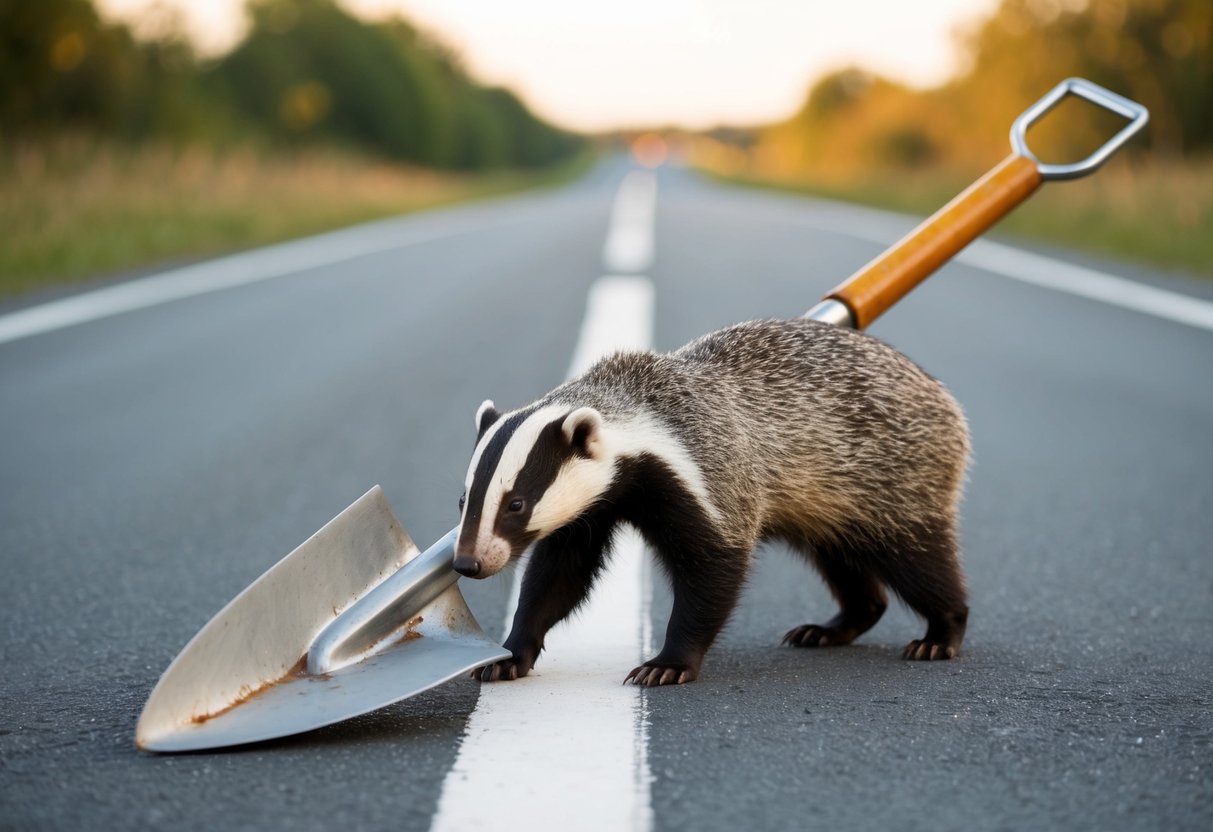 A shovel scoops up a dead badger from the road