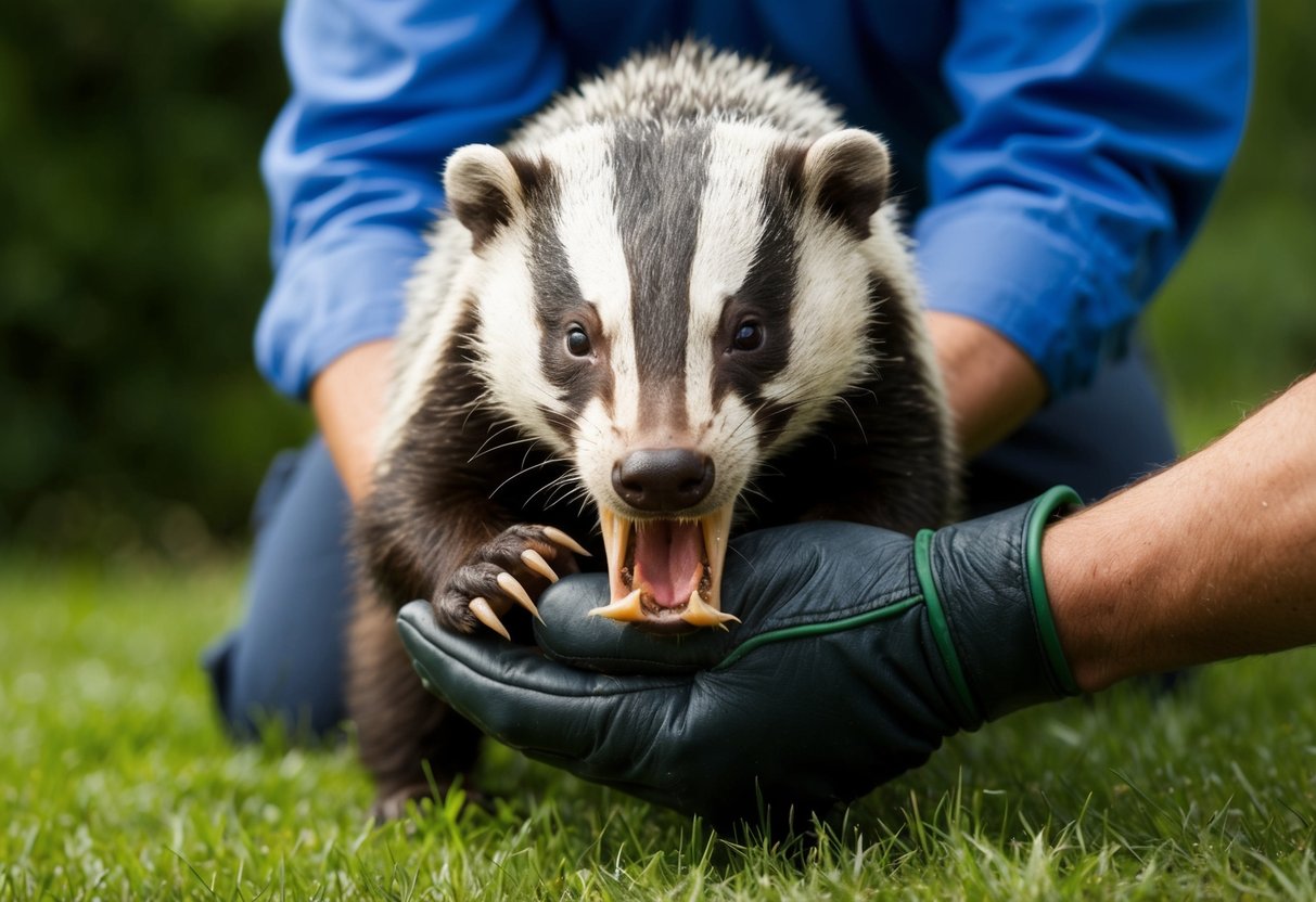 A badger bites into a thick leather glove, teeth sinking in as the handler pulls away, demonstrating prevention and safety measures