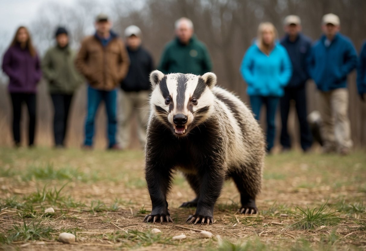 A badger stands menacingly, baring its teeth, while a group of people cautiously observe from a safe distance
