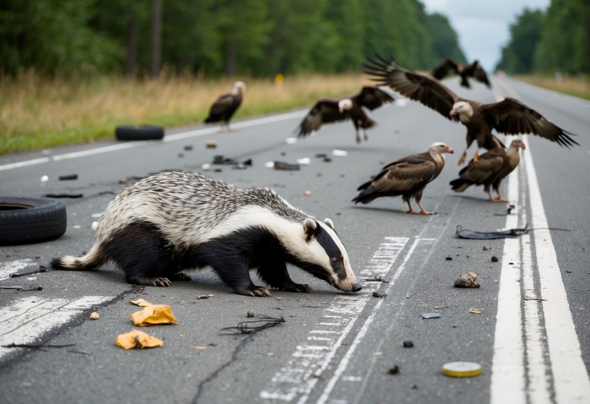 A dead badger lies on a road, surrounded by tire marks and scattered debris. Nearby, a group of vultures circle overhead, waiting to scavenge the carcass