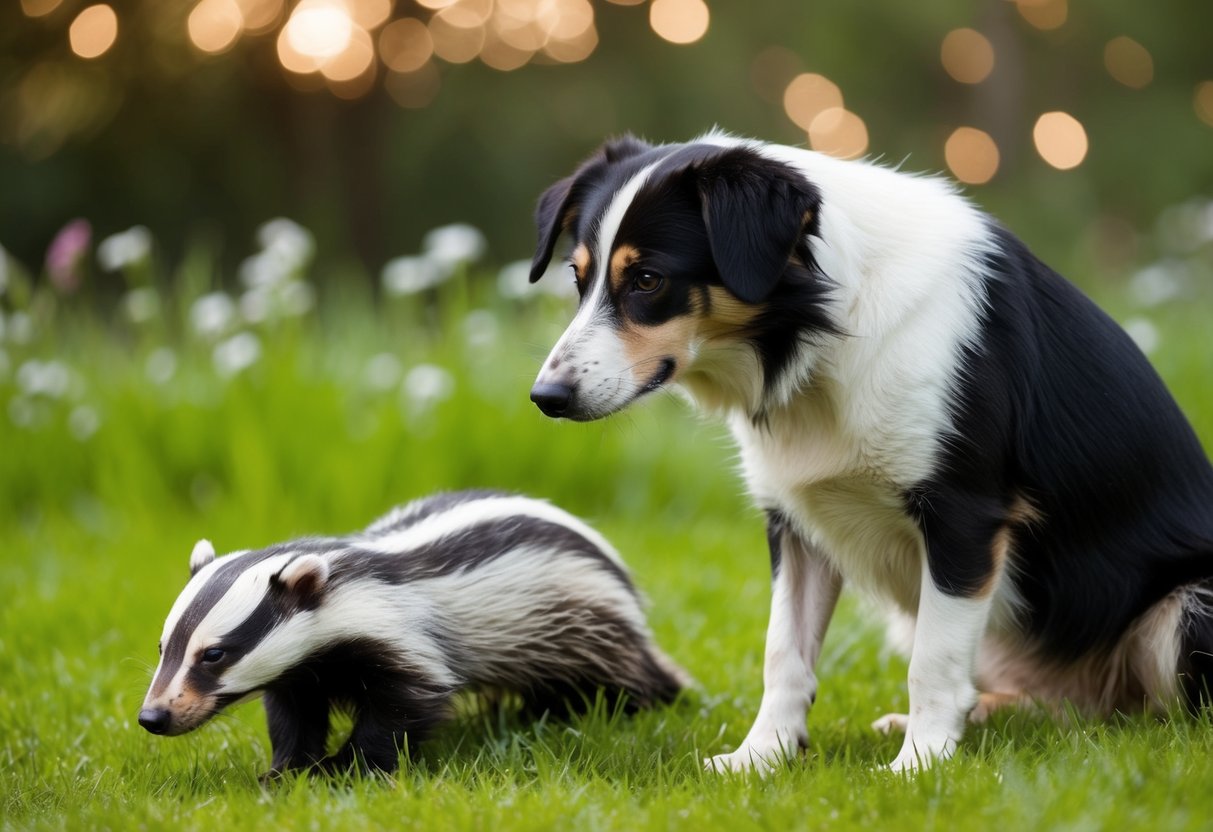 A dog showing symptoms of illness while a badger lurks nearby