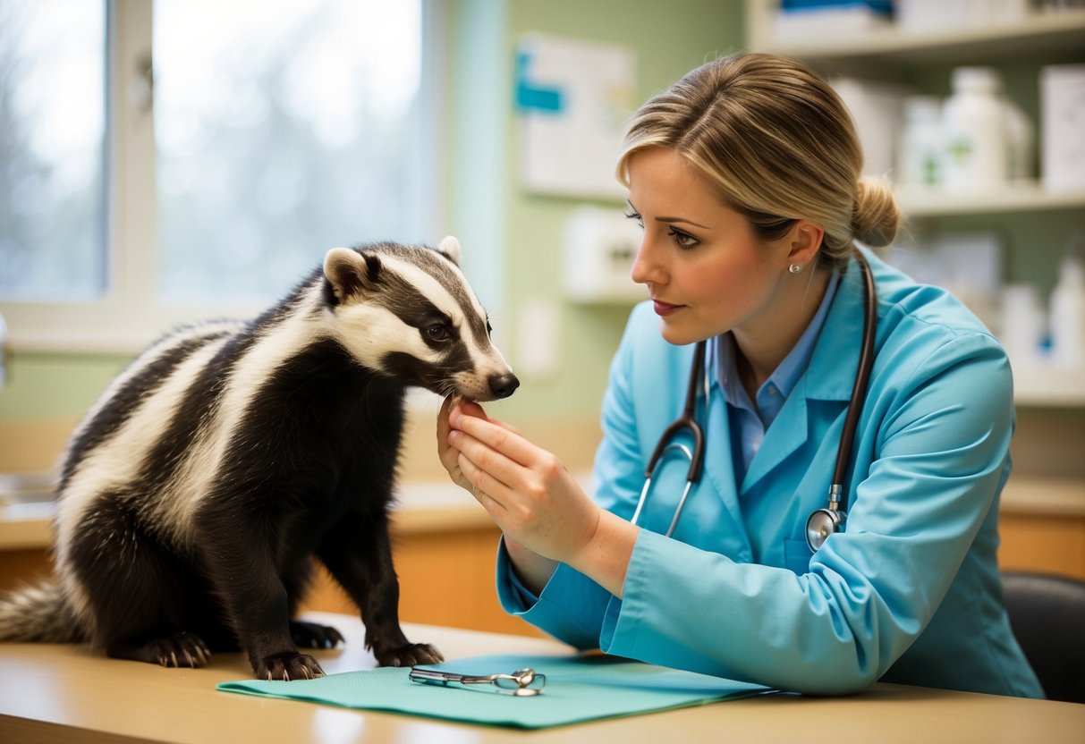 A veterinarian examining a badger and a dog in a clinic, discussing prevention and treatment options