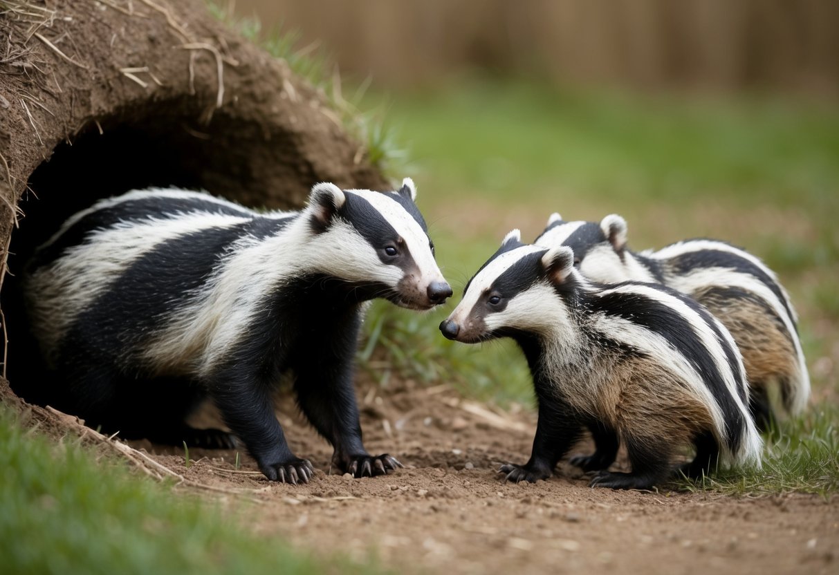 A British badger emerges from its burrow, sniffing the air with curiosity. It cautiously approaches a group of other badgers, displaying friendly body language
