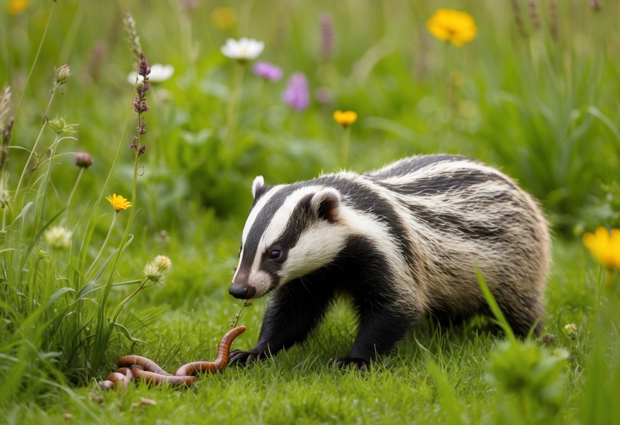 A British badger forages for earthworms and grubs in a lush green meadow, surrounded by a variety of wildflowers and tall grasses