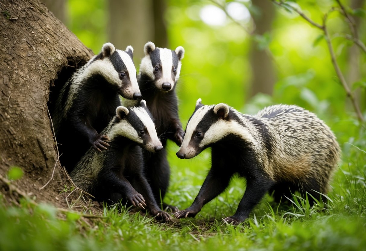 A family of British badgers emerges from their burrow in a lush, green woodland. They playfully interact with each other, showcasing their friendly and social nature