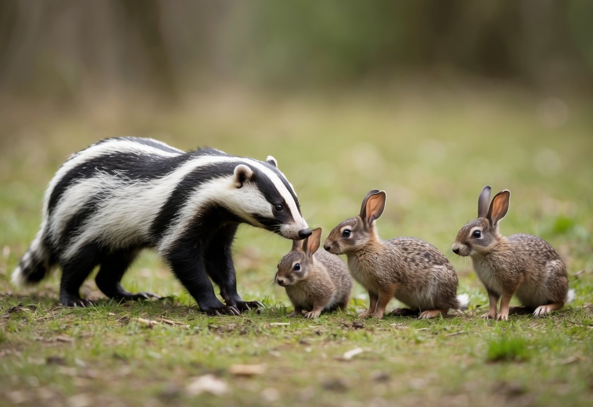 A British badger cautiously approaches a group of curious rabbits in a peaceful woodland clearing