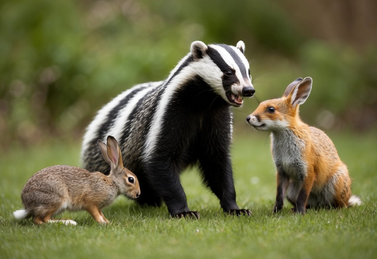 A badger snarls at a fox, while a rabbit cowers nearby