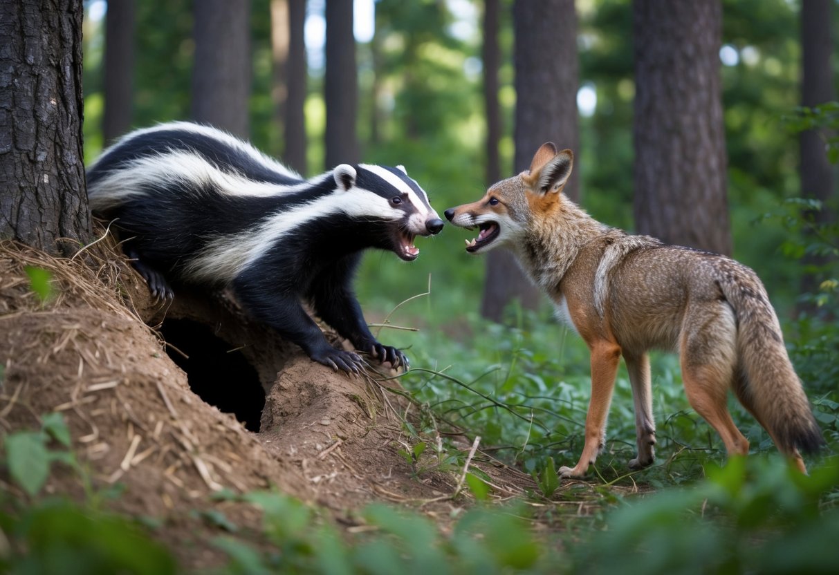 A badger aggressively defends its burrow from a coyote, baring its teeth and growling. The surrounding forest is dense with tall trees and thick underbrush