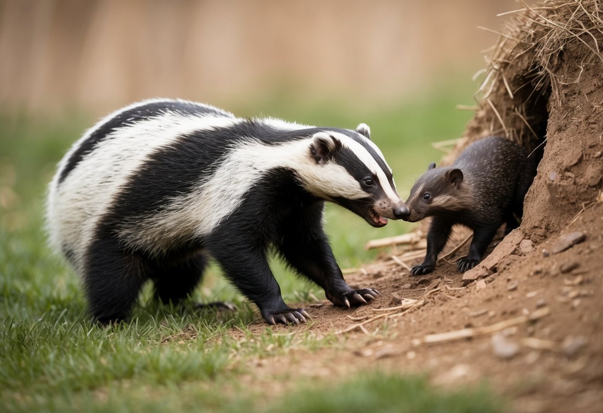 A badger aggressively confronts a smaller animal near its burrow
