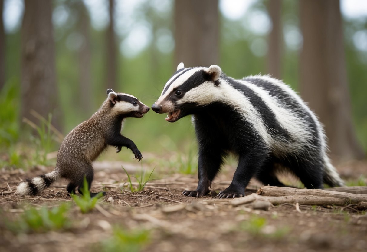 A badger aggressively confronts a smaller animal near its den in a forest clearing