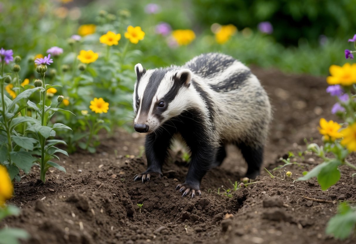 A badger digs through the garden, aerating the soil and helping to control pests. Flowers bloom around the edges of the garden, indicating a healthy and thriving ecosystem
