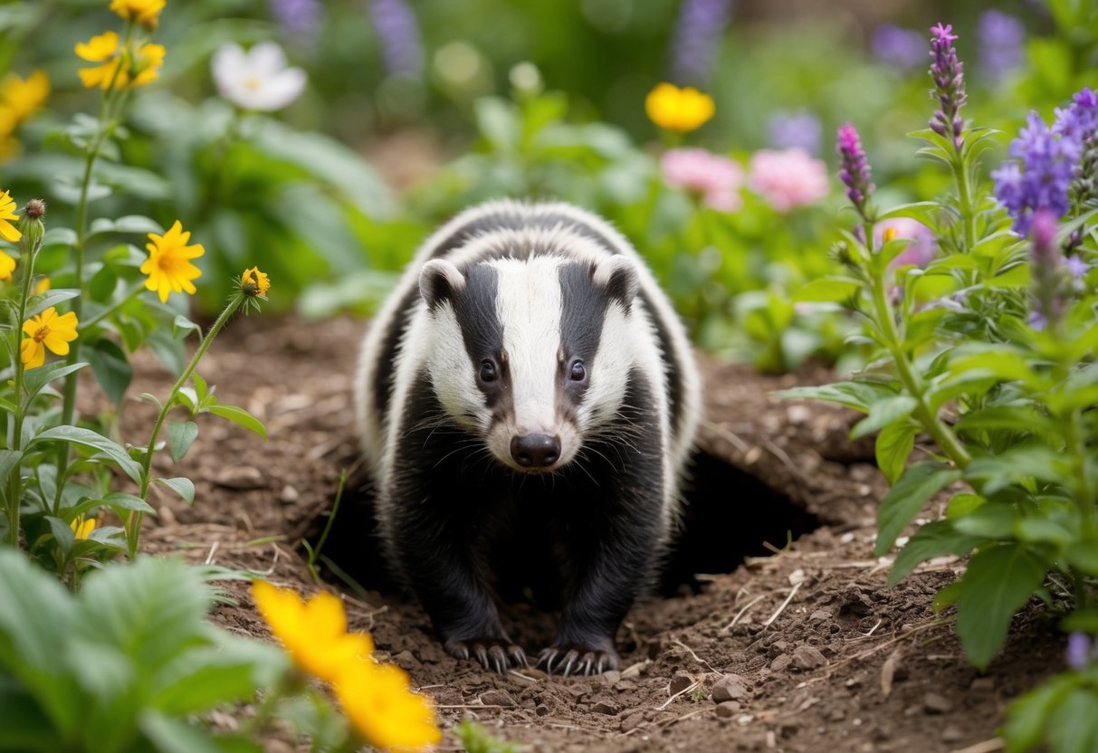 A badger emerges from its burrow in a lush garden, surrounded by blooming flowers and thriving plants. Its presence seems to have a positive impact on the ecosystem