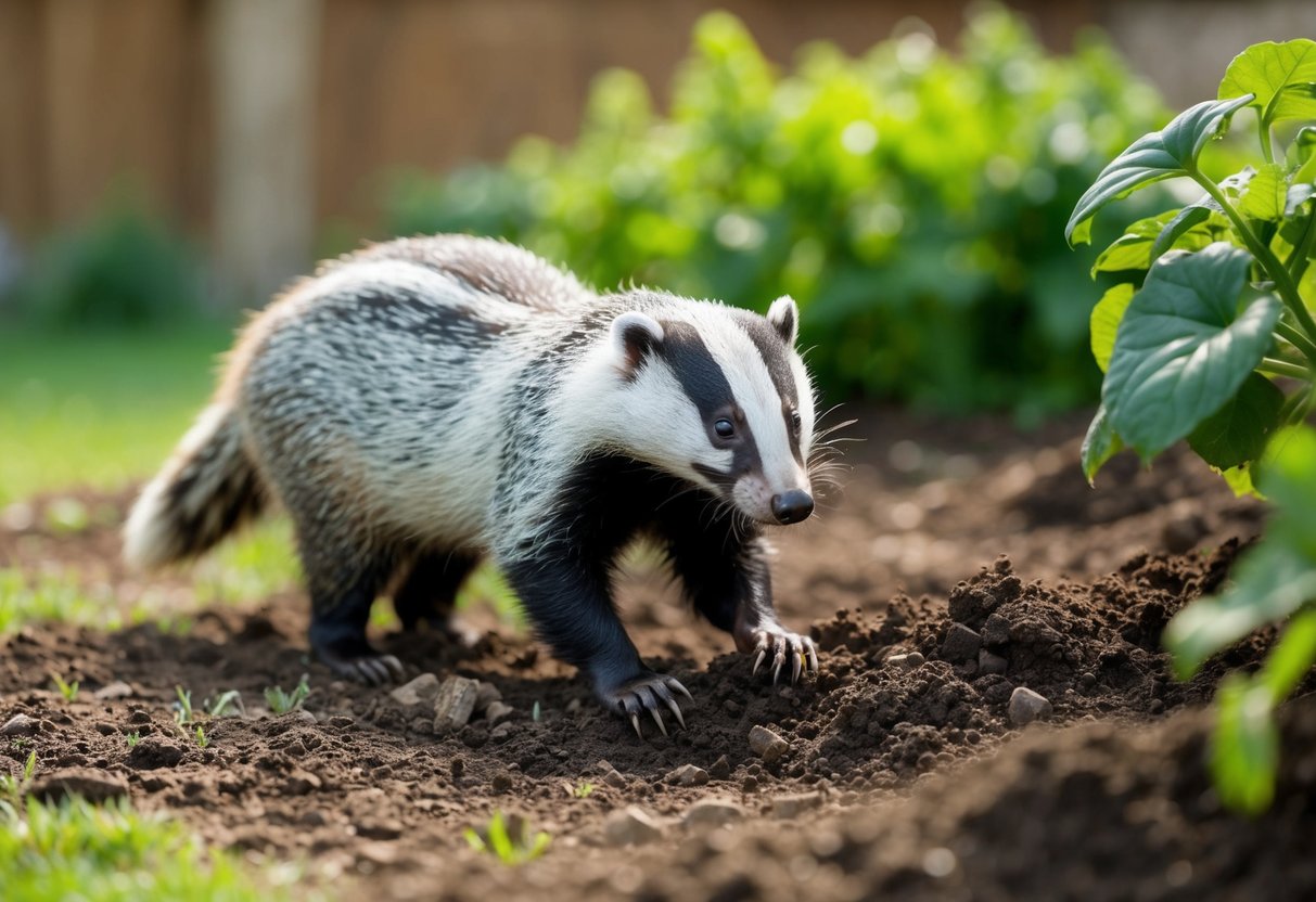 A badger digging in a garden, aerating soil and creating space for new plant growth