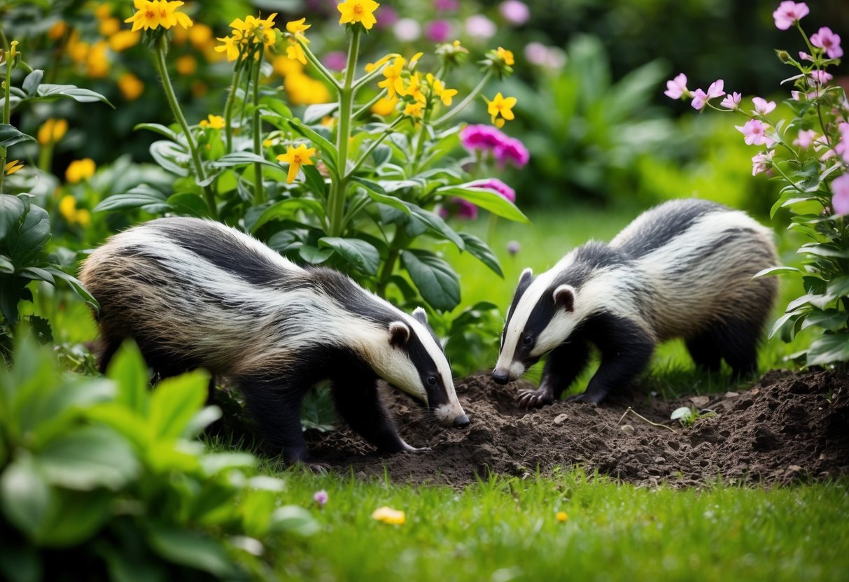 A lush garden with badgers digging and foraging among blooming flowers and thriving plants