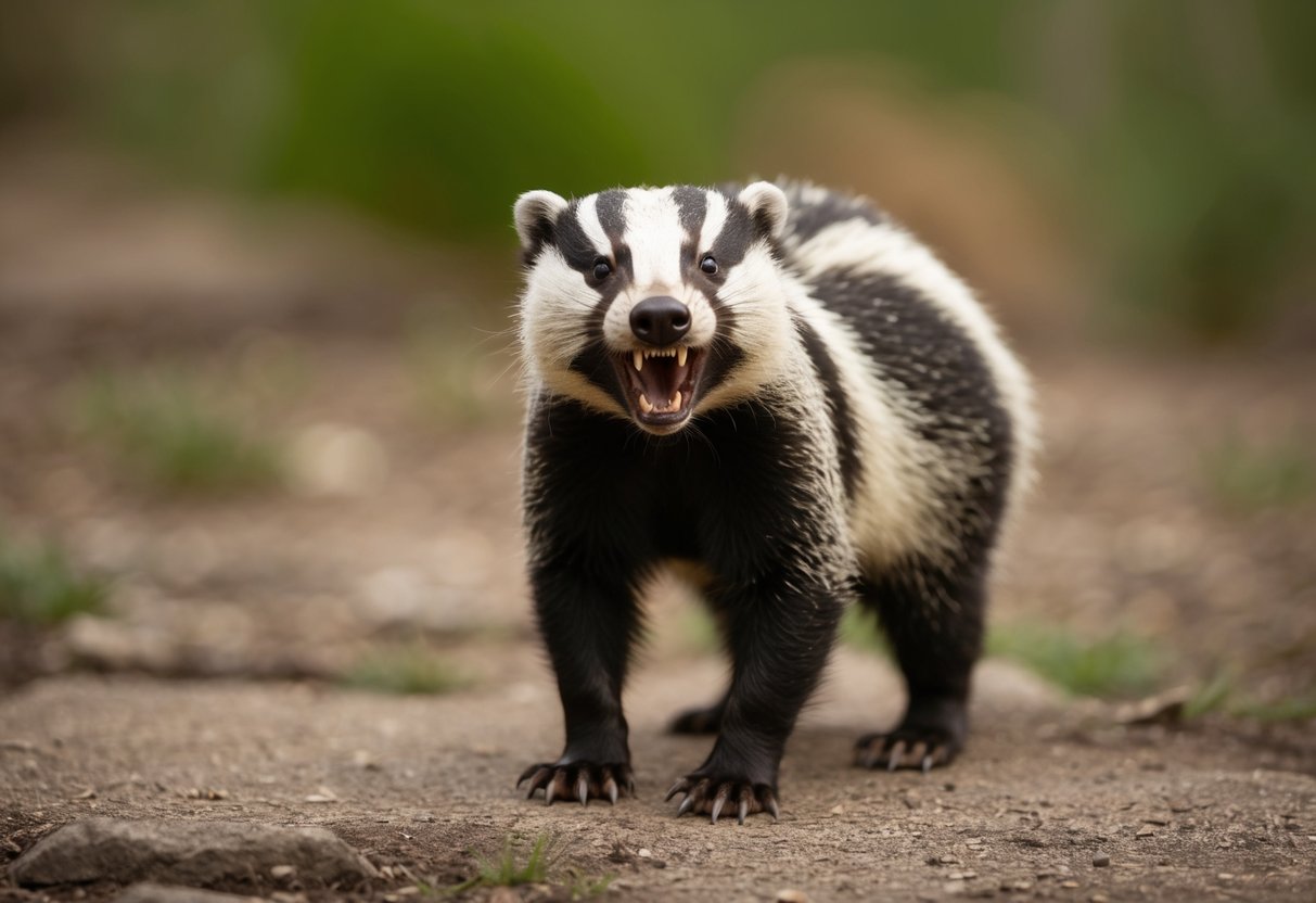 A snarling badger stands its ground, baring its teeth and raising its hackles in a display of aggression