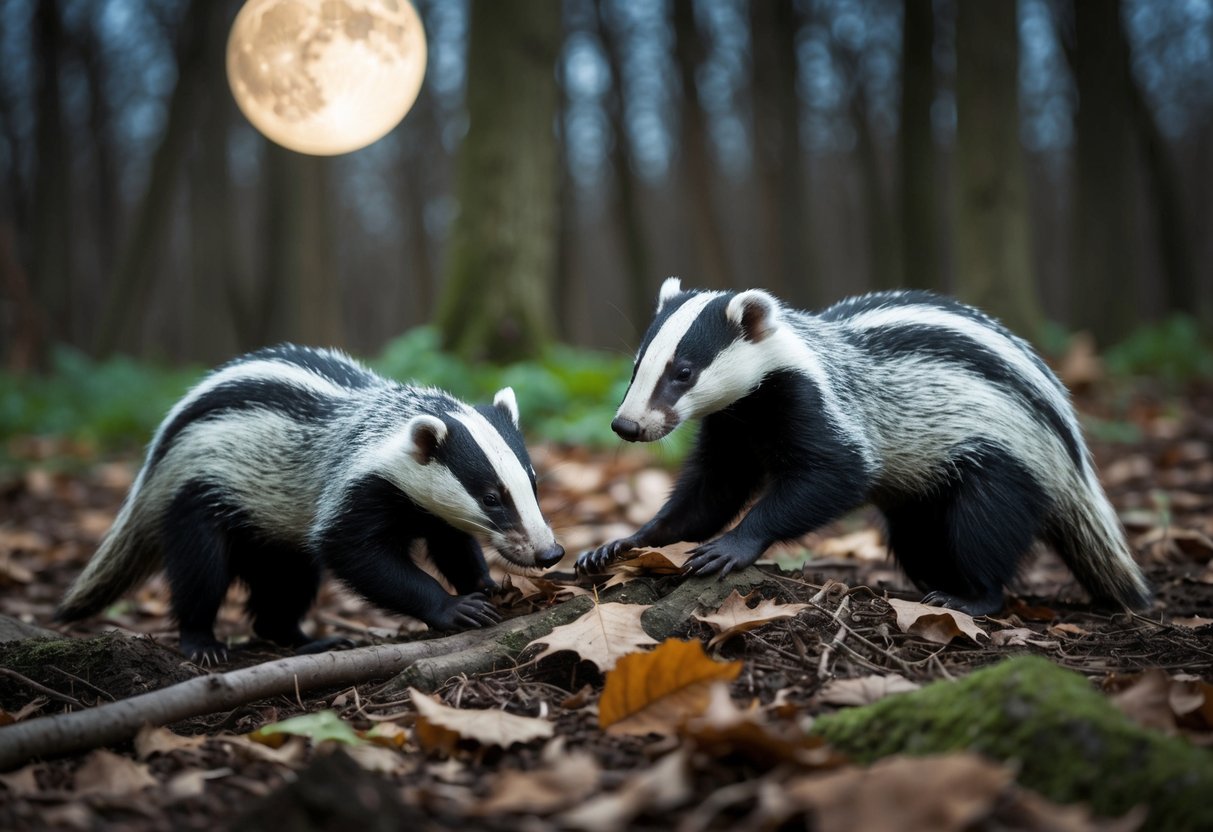 Badgers foraging in a moonlit forest, digging for food among fallen leaves and roots