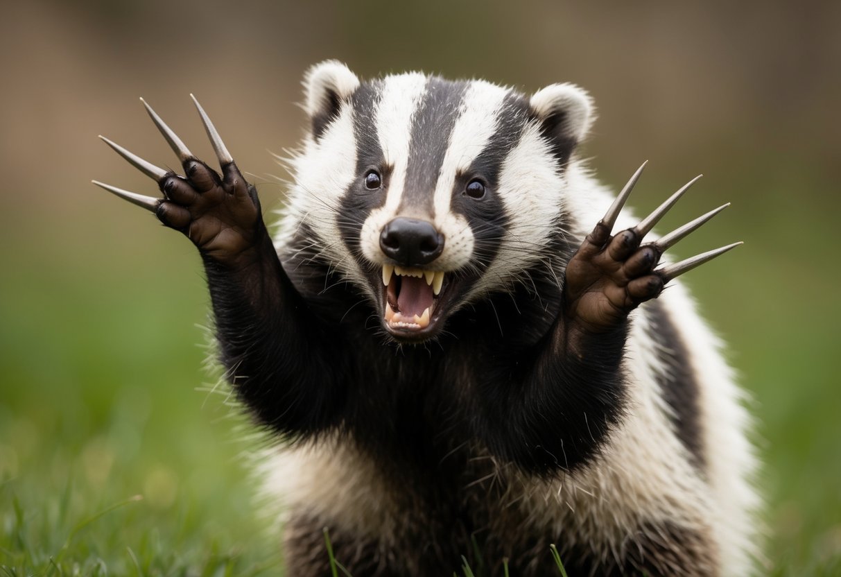 A badger snarls, baring its teeth and raising its claws defensively