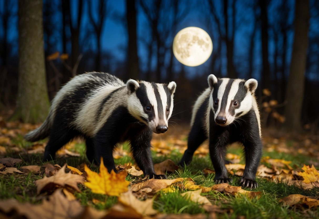 In the moonlit forest, badgers emerge from their burrows to forage for food. The autumn leaves crunch under their paws as they scurry about, searching for insects and small mammals to eat