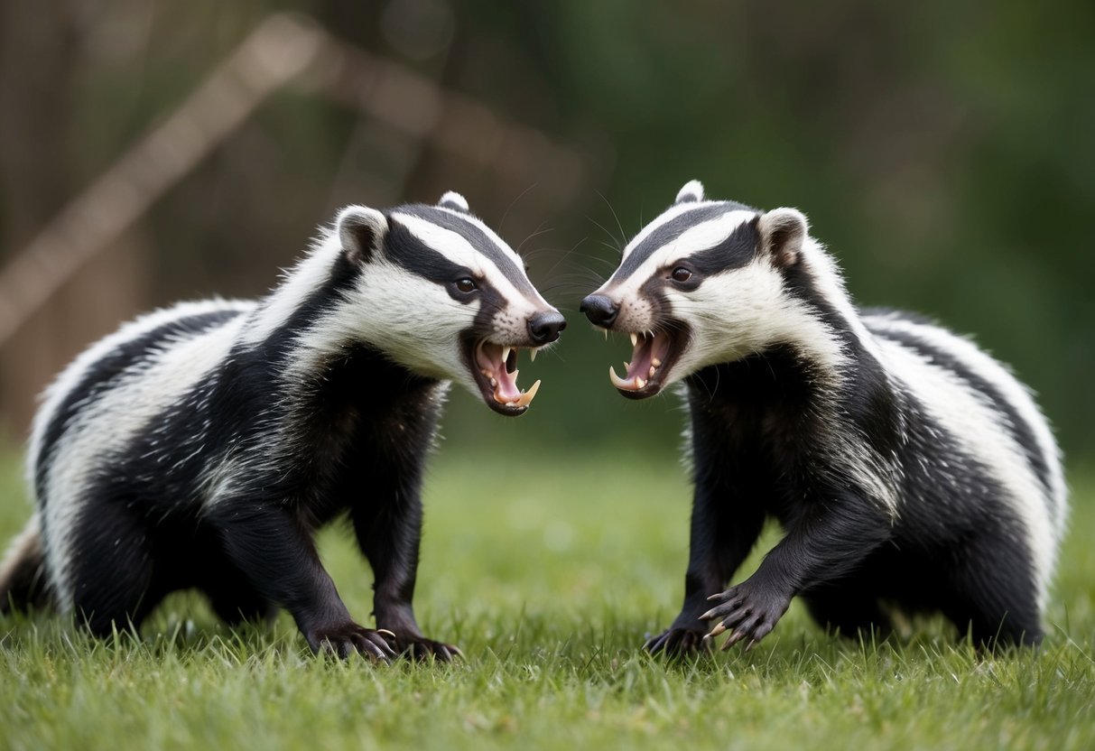 Two badgers snarling and baring their teeth, facing off in a defensive stance with raised fur and aggressive body language
