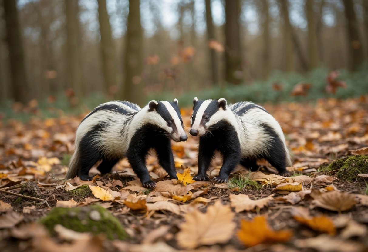 Badgers foraging in a forest clearing, surrounded by fallen leaves and small woodland creatures, during the autumn months