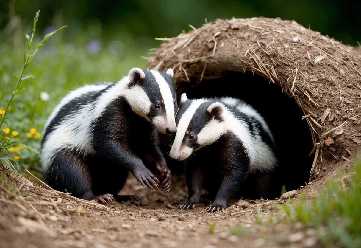 Badgers foraging and interacting in their burrow during the summer months