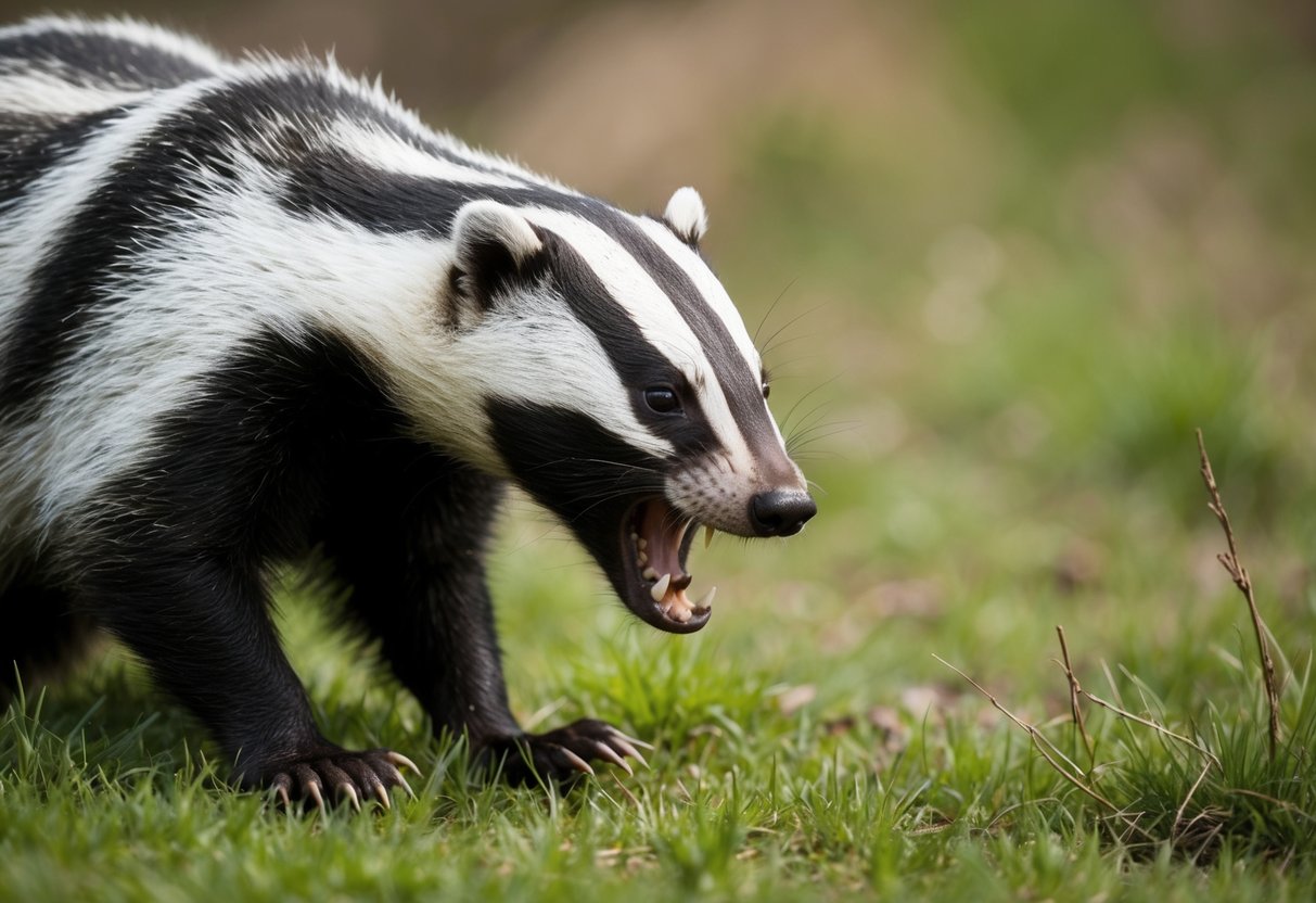 A fierce badger fiercely defends its territory against a rival, baring its teeth and growling