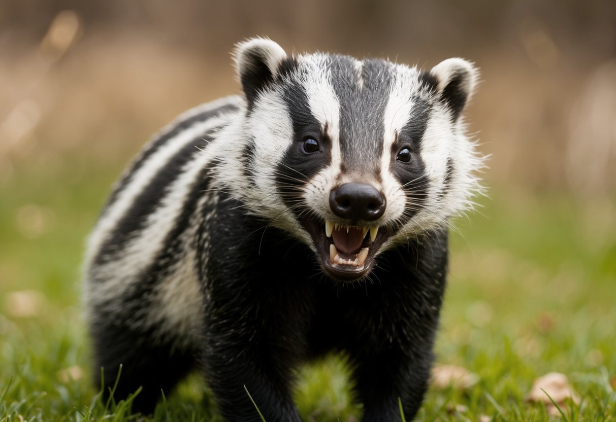 A badger snarls and bares its teeth, standing defensively with fur raised