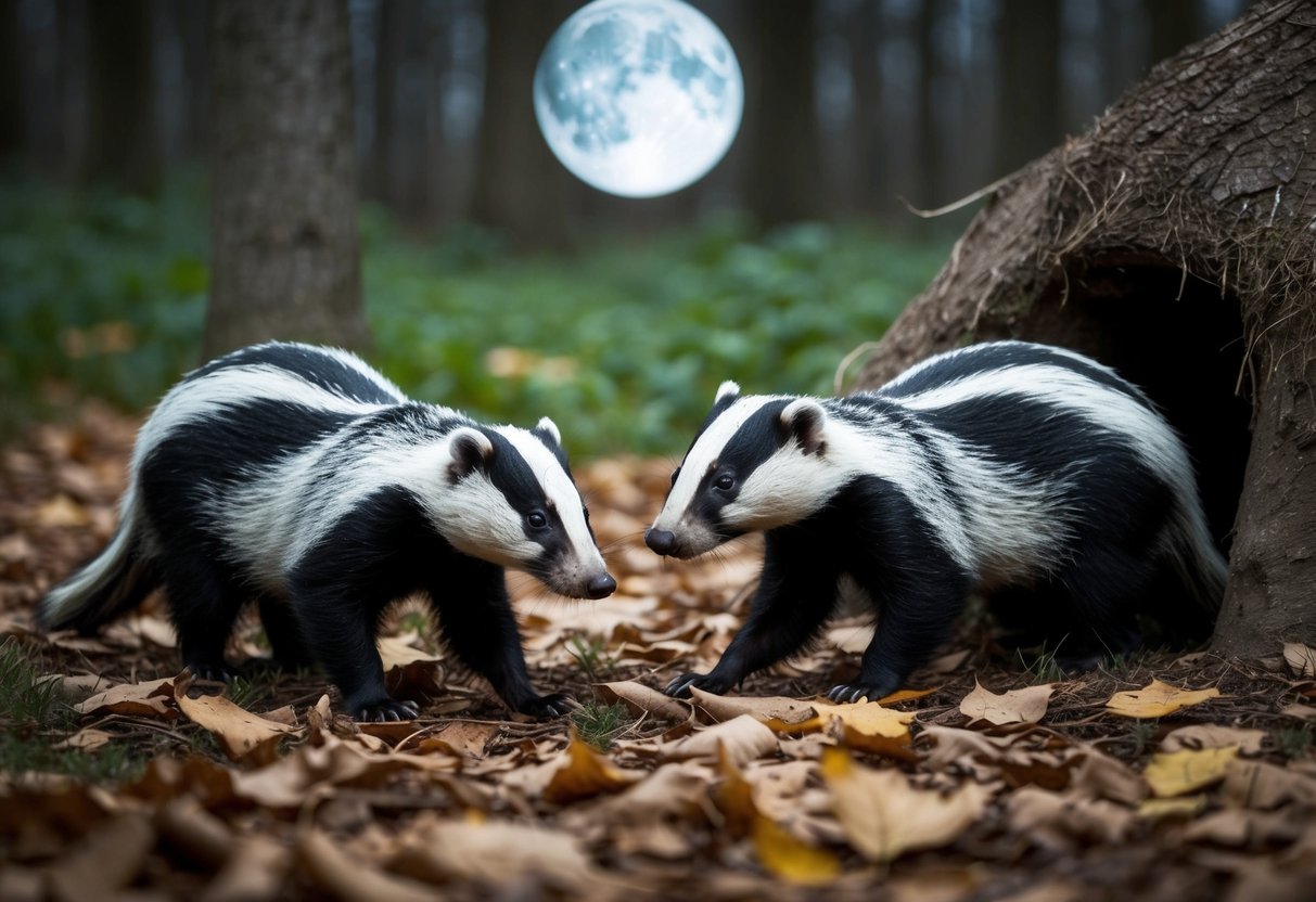 Badgers foraging in a moonlit forest, surrounded by fallen leaves and a burrow entrance