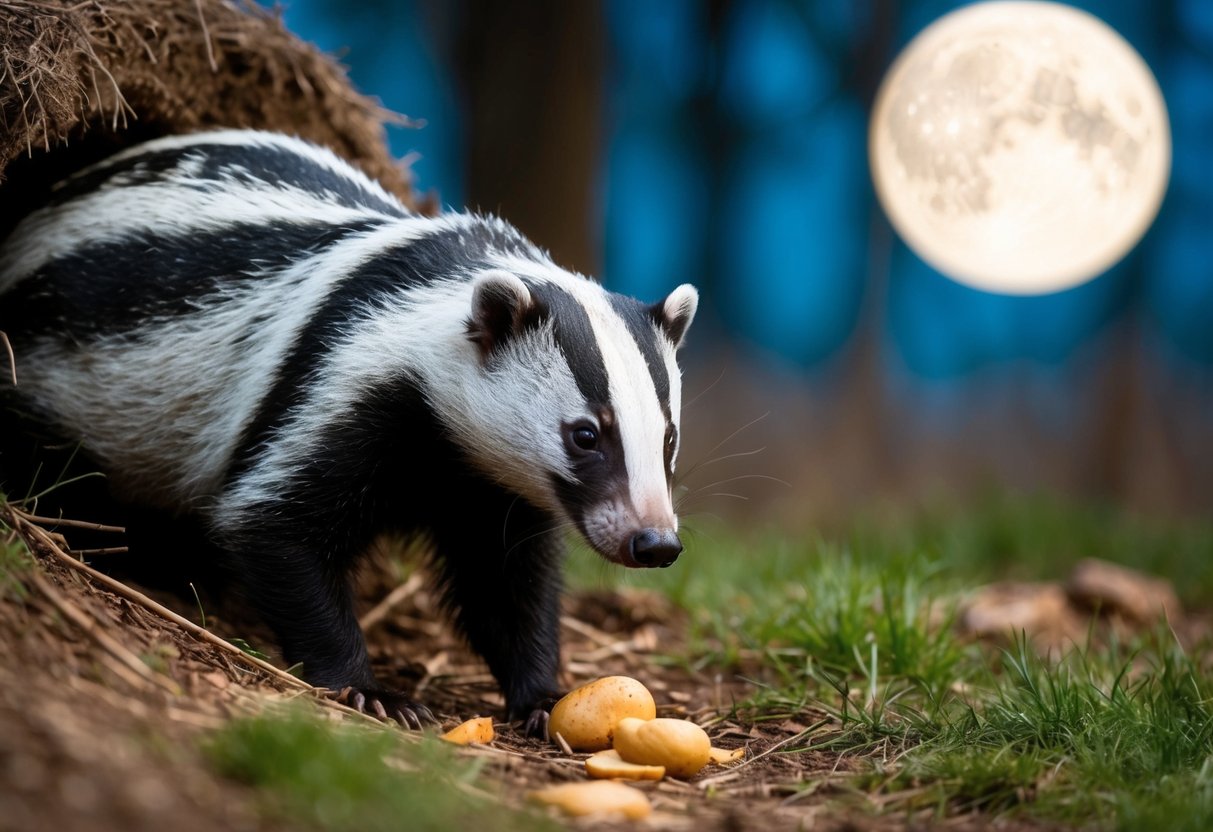 A badger emerges from its burrow, snuffling for food in a moonlit English woodland