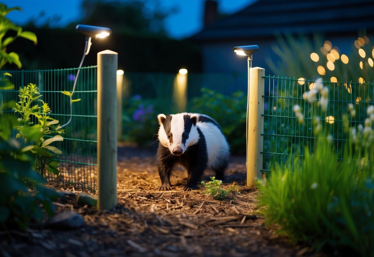 A badger-proof fence surrounds the garden at night, with motion-activated lights and a scattering of natural deterrents like strong-smelling plants and rough mulch