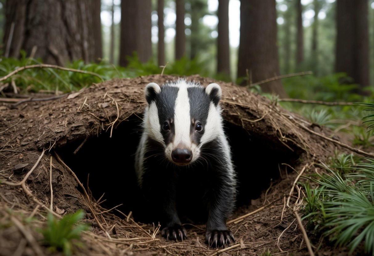 A badger emerges from a burrow, its black and white striped face peering out with curiosity, surrounded by a dense forest of tall trees and thick underbrush