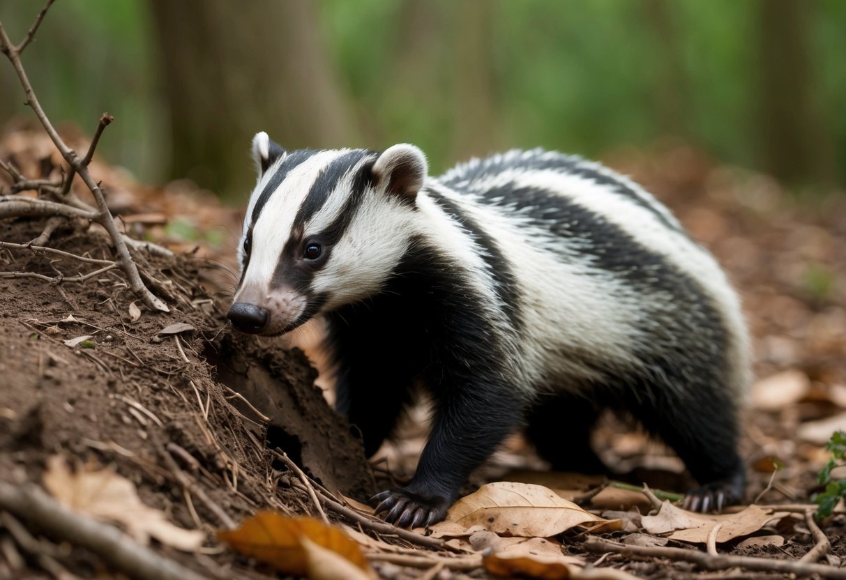A badger cautiously emerges from a burrow, sniffing the air with its sharp nose. The forest floor is littered with fallen leaves and twigs, creating a natural setting for the curious creature