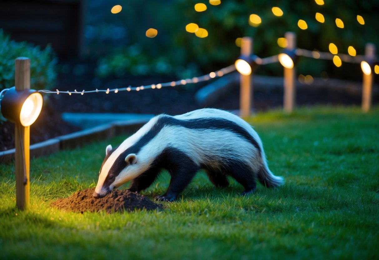 A garden at night with badgers attempting to dig, but being deterred by barriers, lights, and noise