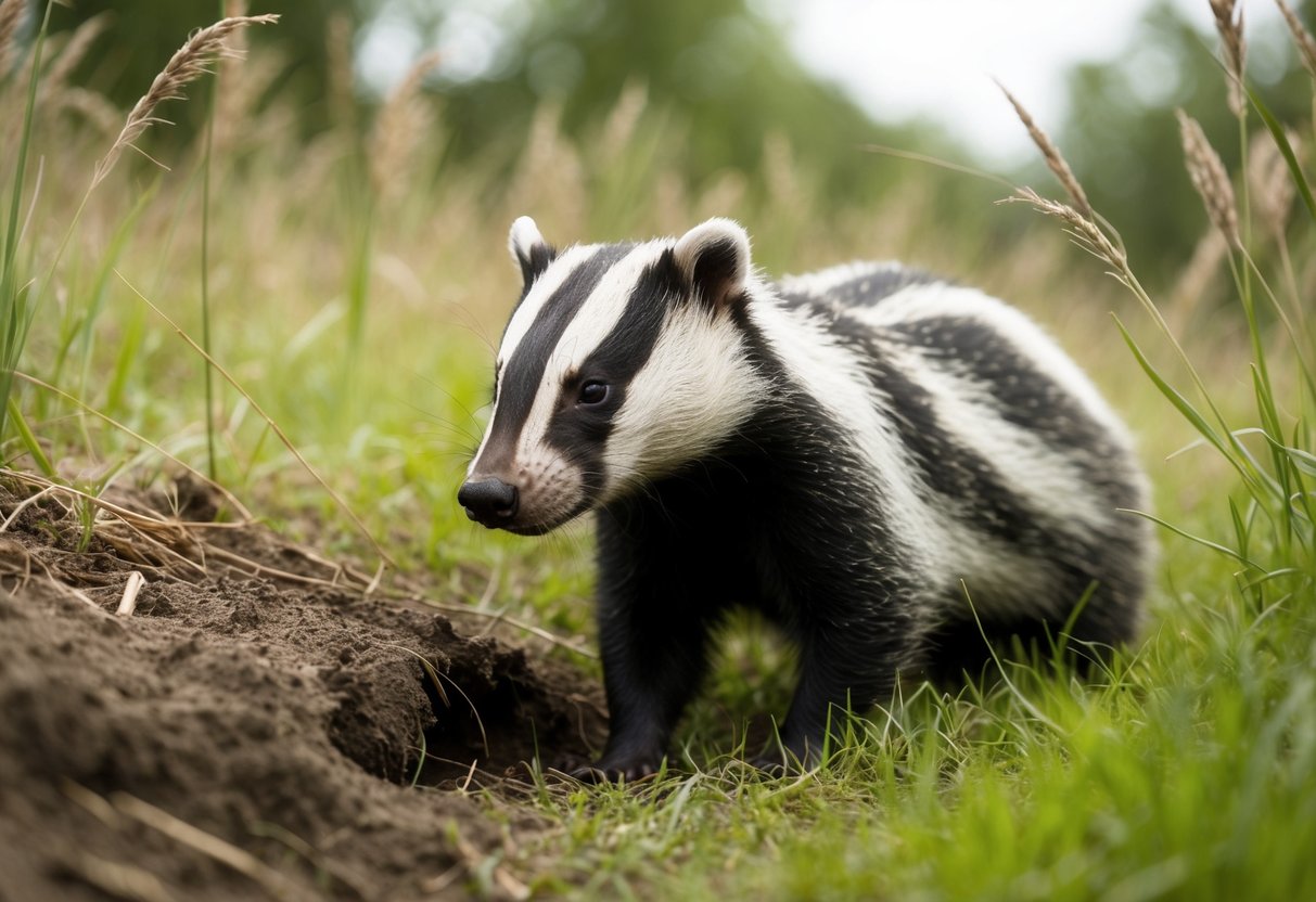 A badger emerges from a burrow, sniffing the air with its black and white striped face, surrounded by tall grass and woodland