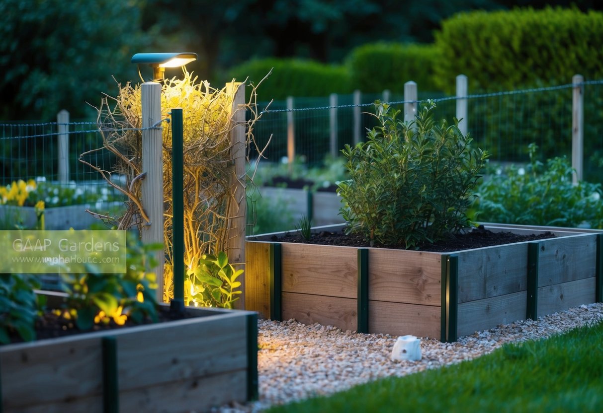 A garden with raised beds and fencing, illuminated by a motion-activated light. Badgers are deterred by a natural barrier of thorny bushes and a scent deterrent placed around the perimeter